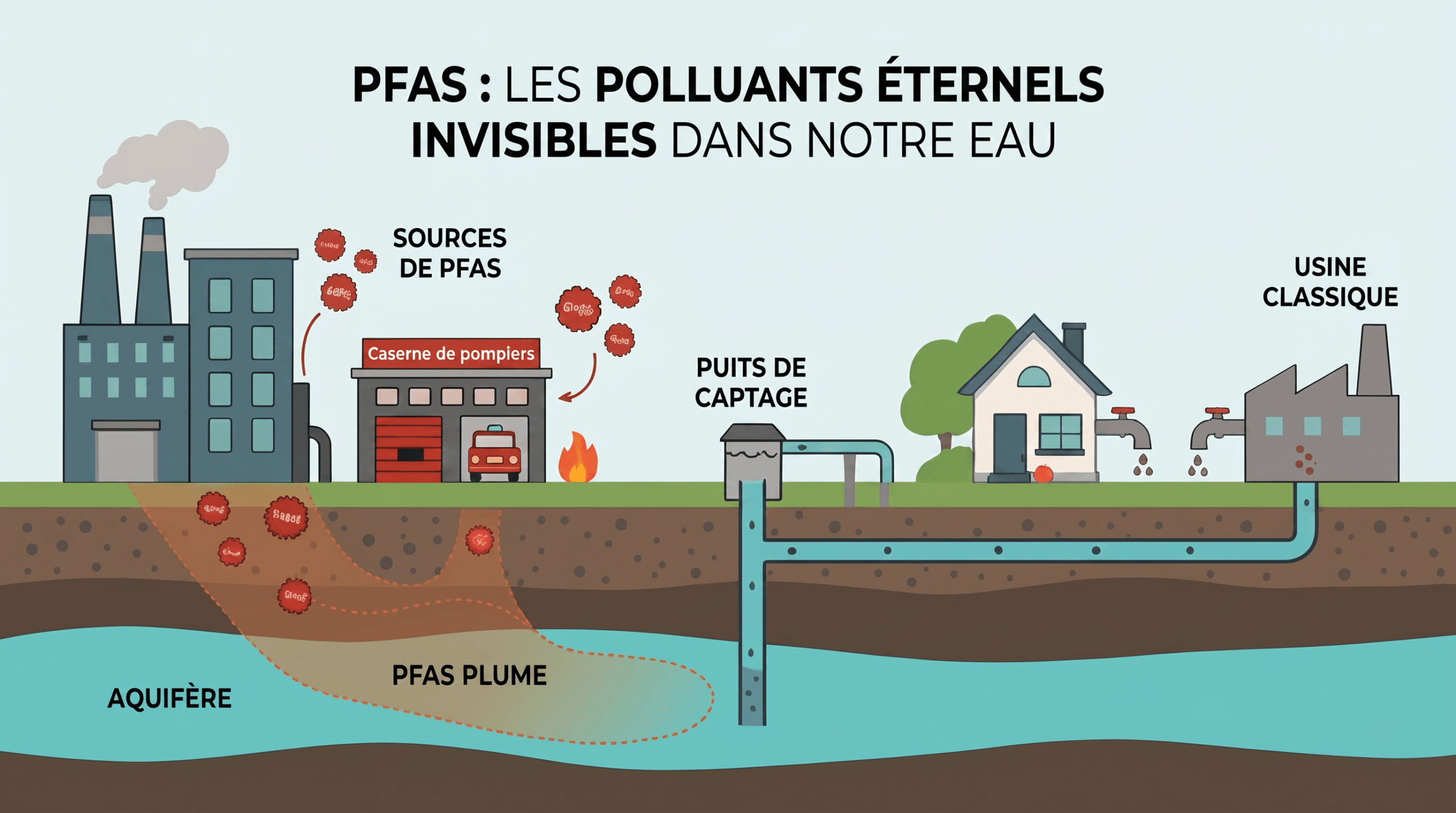 Schéma illustrant la contamination des nappes phréatiques par les PFAS provenant de sources industrielles.