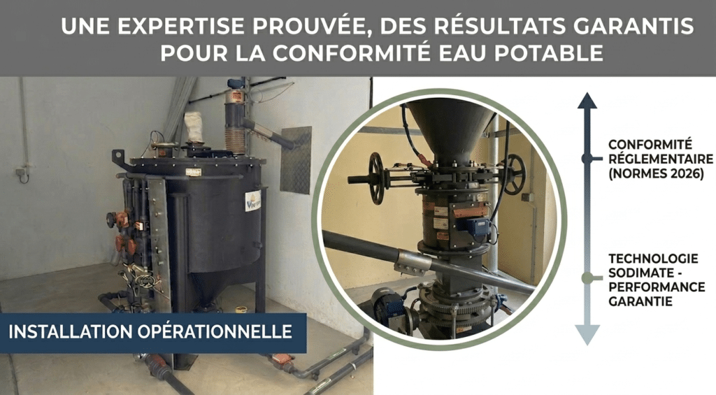 Installation opérationnelle Sodimate en Suisse pour le traitement des PFAS sur site client.